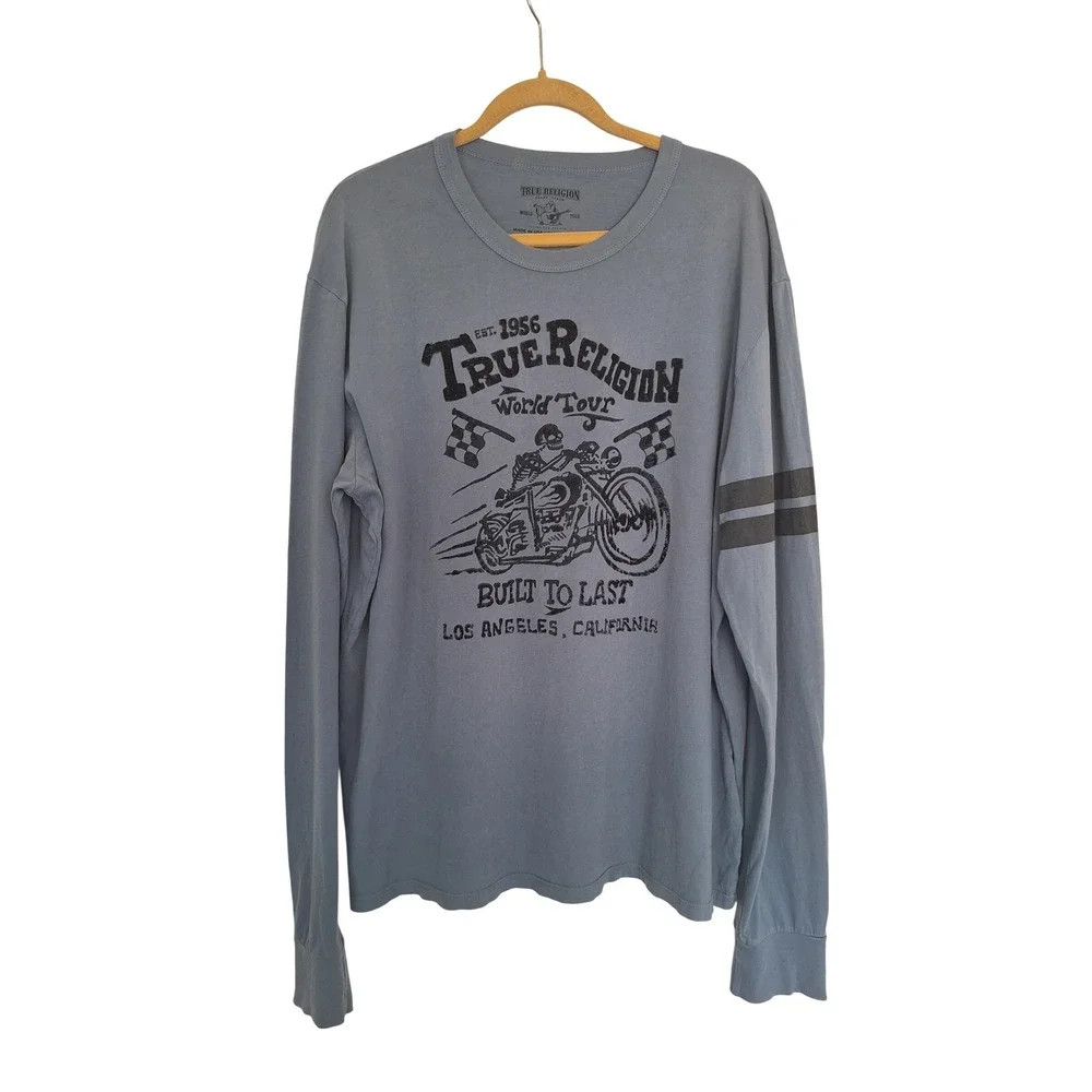 True Religion Mens Long Sleeve Graphic Tee Slate Blue Biker XXXL  USA
